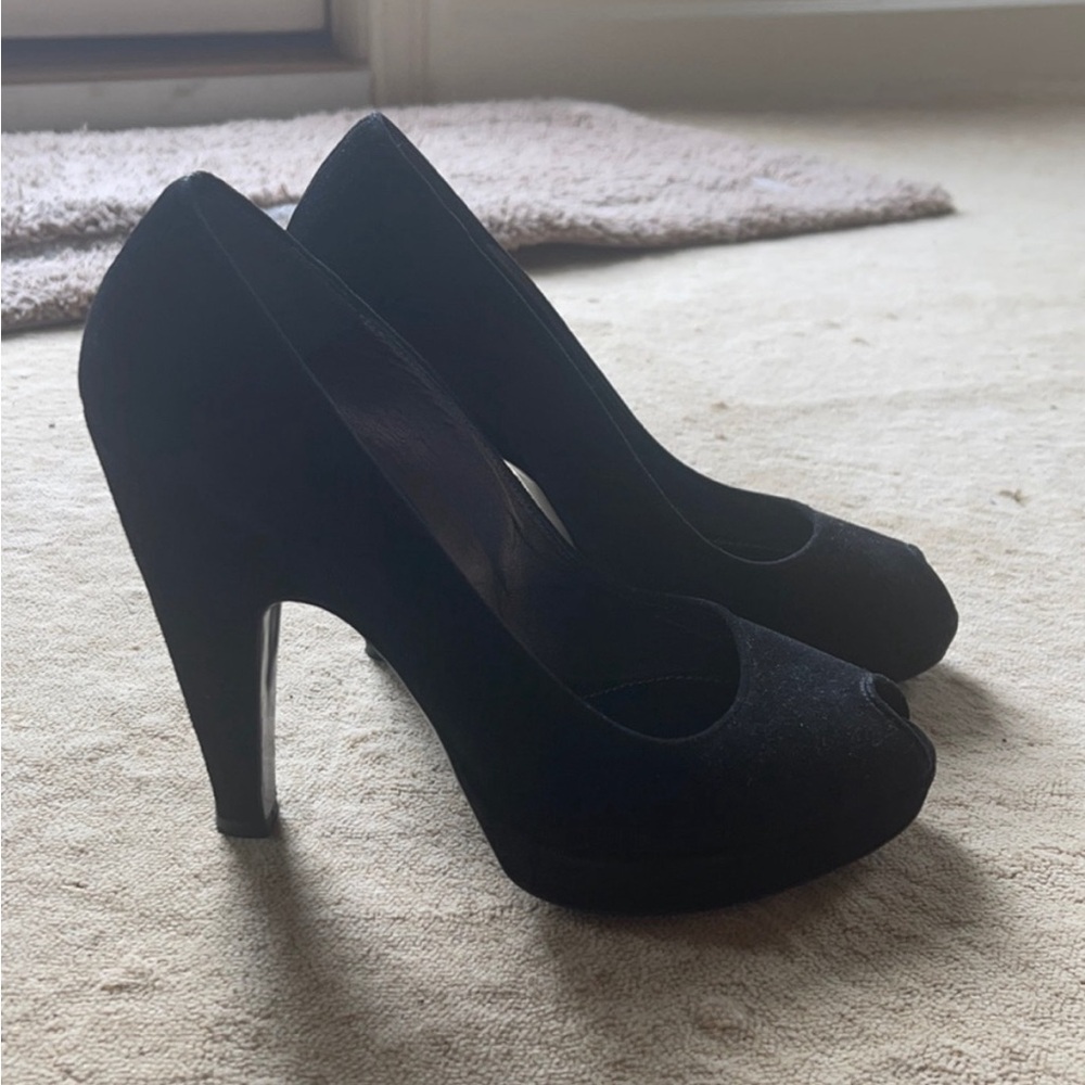 Suede Prada peep toe slight platform heels.